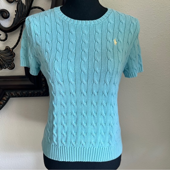Ralph Lauren Women’s Robin Egg Blue 100% Cotton Cable Knit Crewneck Sweater L - Picture 1 of 12